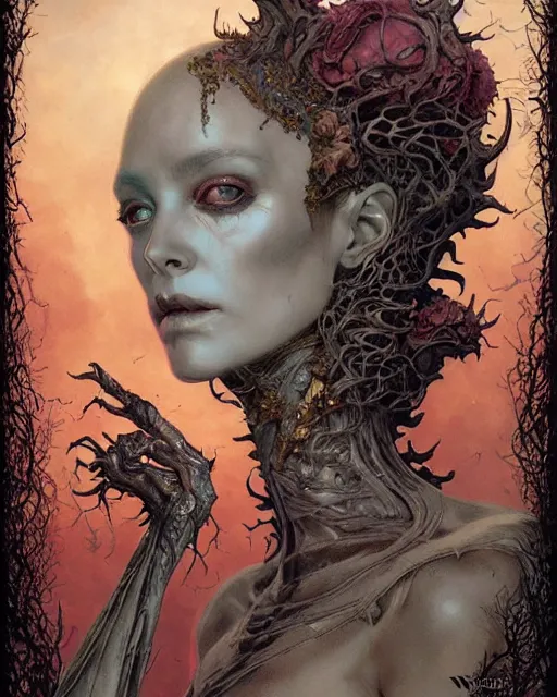 Prompt: a beautiful detailed front view portrait of a dead rotten princess with baroque ornate growing around, ornamentation, elegant, beautifully soft and dramatic lit, by wayne barlowe, peter mohrbacher, kelly mckernan