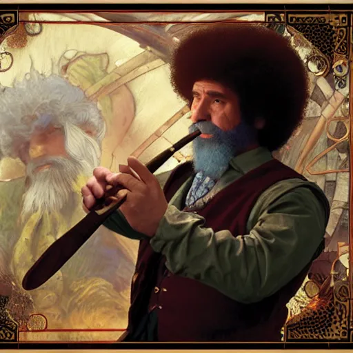 Image similar to an ultra detailed magic the gathering card of bob ross smoking a pipe and dressed as a fantasy bard, d & d, epic fantasy, concept art by alphonse mucha and greg rutkowski, octane render, 8 k, detailed face