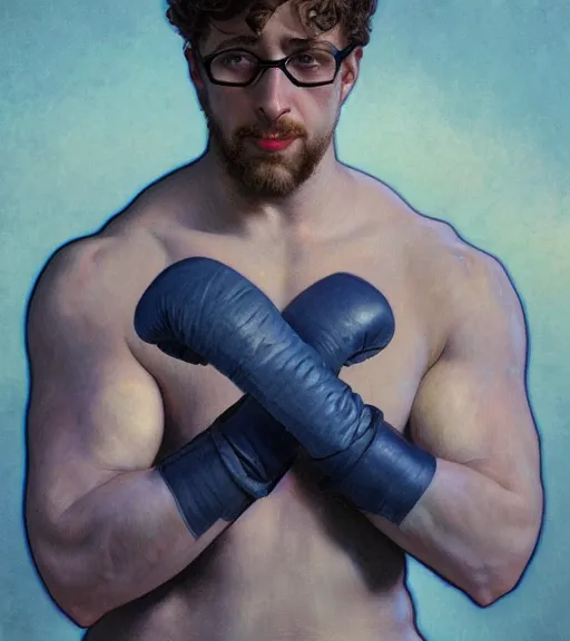 Prompt: Gigachad Sam Hyde ready for battle, boxing stance, wearing the gloves of death, sigma male, accurately portrayed, portrait art by alphonse mucha and greg rutkowski, highly detailed, digital painting, concept art, illustration, dim lighting with twilight rays of sunlight, trending on artstation, very detailed, smooth, sharp focus, octane render, close up