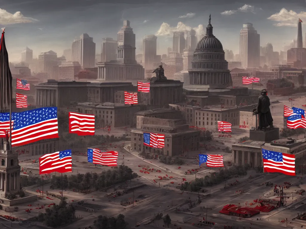 Image similar to landscape matte painting of a communist american state capital showing the triumph of communism in america, socialist american state flags, socialist statues, digital painting, modern city scape, conflict, camaraderie, sacrifice, hope, highly detailed, 4 k, artstation, photorealistic, architecture