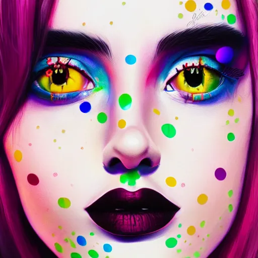 Image similar to beautiful face of girl in style spotty pointism with three eyes, super bright colors, colored spots, mixed liquid acrylic, painting come to life, artstation, ultradetail