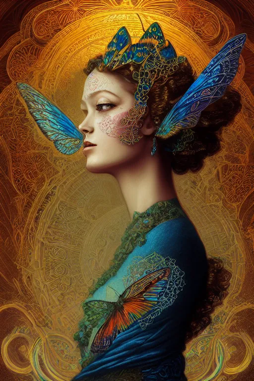 Prompt: portrait of an eleven queen with lace wings by artgerm, mandala, rococo, vivid color, complementary color, golden ratio, detailed, sharp lines, sharp focus, intricate, rainbowshift, by maxfield parrish, by peter mohrbacher, by gustave dore, by alphonse mucha, deviantart, octane render