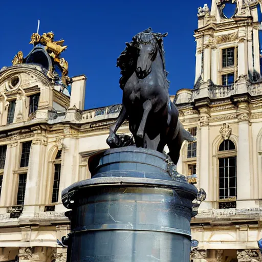 Prompt: full size of louis xiv equestrial roman statue, marble, background is paris'town hall