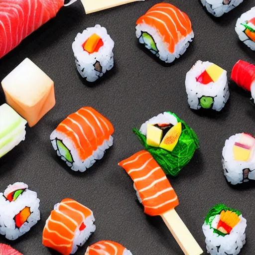 Image similar to detailed miniature people making sushi, tilt shift