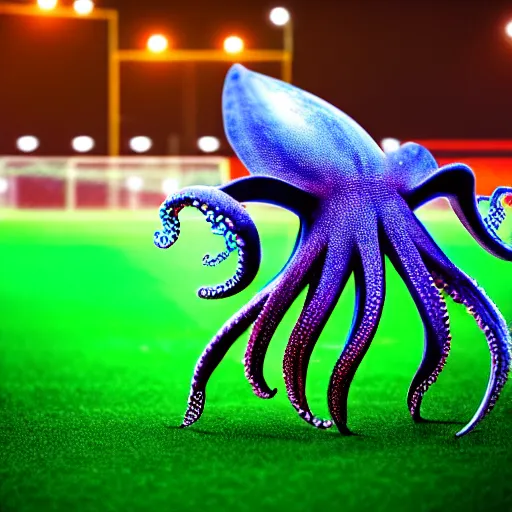 Prompt: a friendly large octopus playing soccer, on a soccer field, realistic photo, award winning photo, ultra wide shot, 3 5 mm, bokeh, blurred background, colorful lights, golden ratio