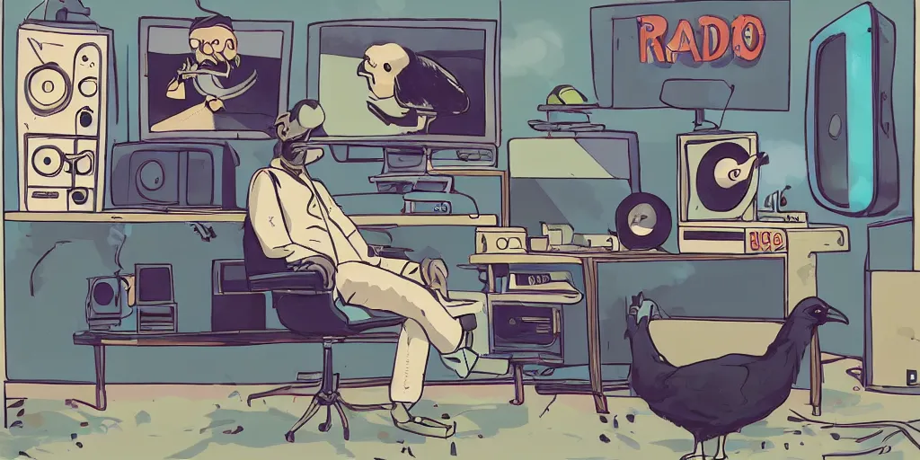 Image similar to ' black chicken '!!! smoking'cannabis!!!!!!'in front of'radio console '!!!! and'multi monitors!!!!!!'in a tv broadcasting studio, artwork by james gilleard