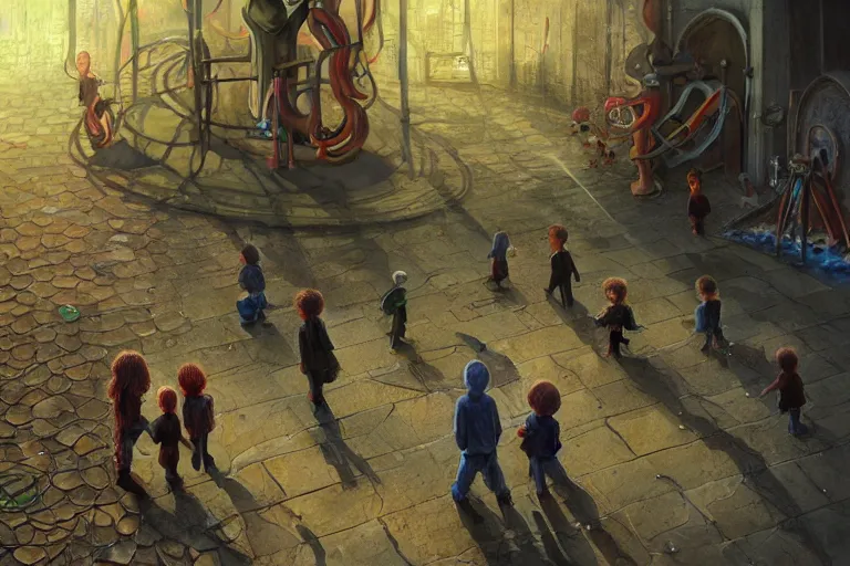 Prompt: cthulhu haunting children at the playground, painted by paul youll and marc simonetti, trending on artstation, dramatic lighting isometric view street art, crayon art, tilt - shift, final, remodernism