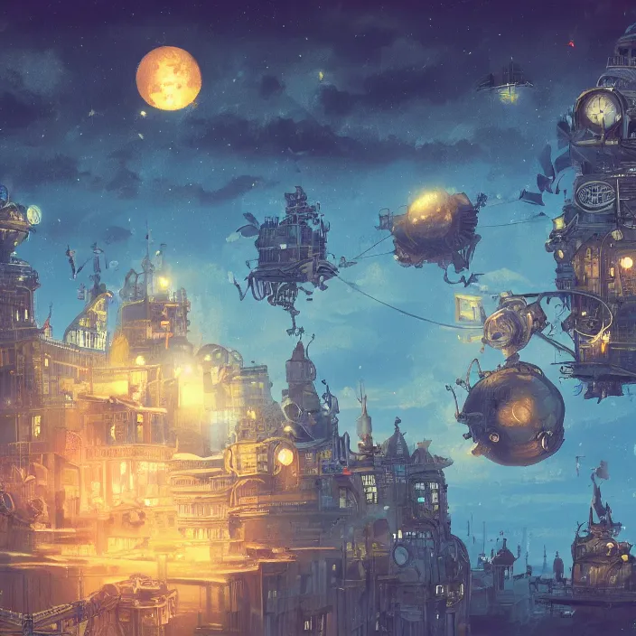 Prompt: a floating city in a night sky, with a steampunk aesthetic and dirigibles floating in the air, cityscape, digital painting, 4k