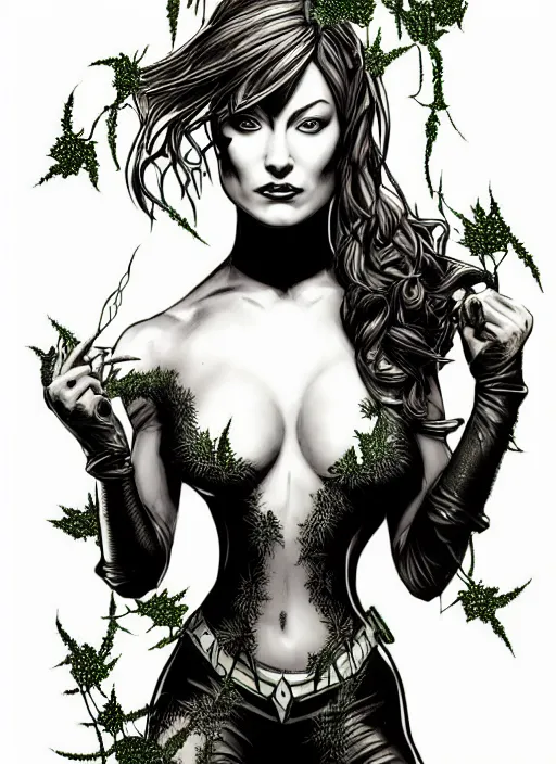 Image similar to symmetry concpet art, full shot, traditional ink, sketch, of olivia wilde as poison ivy, line sketch, intricate, elegant, highly detailed, monochrome, digital painting, artstation, concept art, sharp focus, illustration, art by borderlands 3 and peter polach