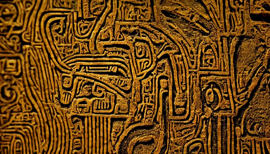 Image similar to h. r. giger hieroglyphs, sorrow intense likely, gold plated, sense of decay given, throw into the abyssal despair, various refining techniques, micro macro auto focus, top photography photo art gallery, realistic photo, insane detail