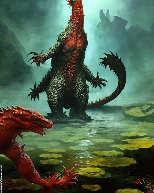 Prompt: Godzilla-like game character giant kaiju sized pond dragon half salamander, wet amphibious skin, red salamander, axolotl creature, koi pond, korean village by Ruan Jia and Gil Elvgren, fullbody