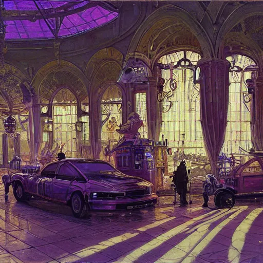 Image similar to detaiked luxury painting of syd mead artlilery scifi organic shaped small convenient store with ornate metal work lands on a farm, fossil ornaments, volumetric lights, purple sun, andreas achenbach