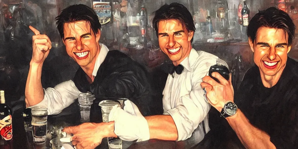 Image similar to hyper realistic tom cruise hanging out with tom cruise at a bar, all overly excited, jaw unhinged with laughter and smiling, all teeth, kinda disturbing but really funny, tom has evil eyes, like super evil looking, by greg rutkowski, scott m fischer, artgerm, loish, slight glow, atmospheric, anne stokes, alexandros pyromallis