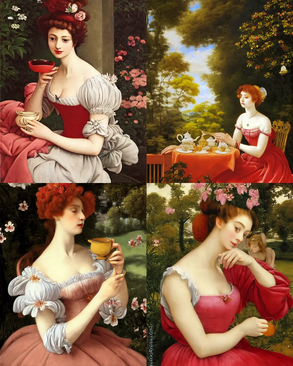 Prompt: oil painting of elegantly dressed remilia scarlet drinking tea in a dreamy garden, beautiful symmetrical face and body, rule of thirds, golden ratio, oil on canvas, highly detailed, warm color scheme art rendition, soft lighting, sharp focus, unique art rendition by adelaide labille - guiard, artemisia gentileschi in high quality anime artstyle