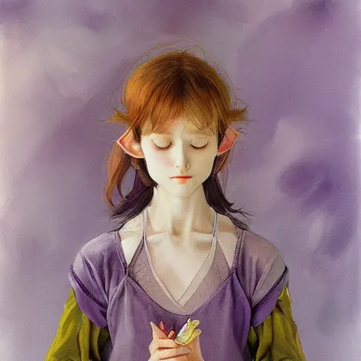 Prompt: little elf tomboy, purple tunic, soft hair. light color palate, detailed soft painting, ayami kojima, anatomically correct, inspired in balthus