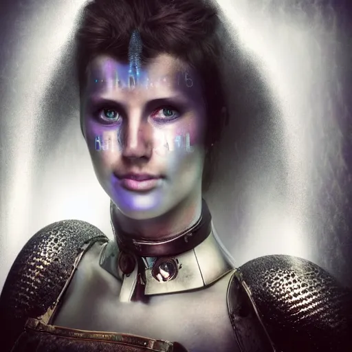 Prompt: head and shoulders portrait of a female knight with a anxious expression, scars under her grey eyes. sad and tired, steam punk neclace. light rays behind her. photo in the style of david lachapelle.