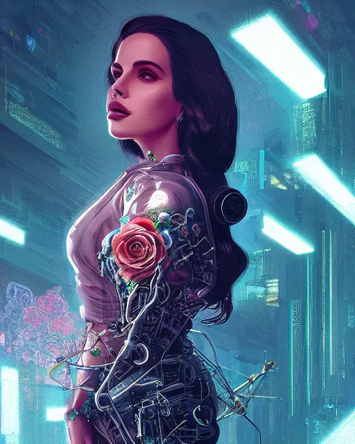 Image similar to portrait of lana del rey as a cyberpunk cyborg. roses, sci - fi, intricate abstract, upper body, intricate artwork, by tooth wu, wlop, beeple, dan mumford. concept art, 8 k octane render, deviantart, greg rutkowski, cinematic, key art, hyperrealism, iridescent accents