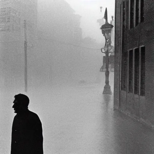 Image similar to Slick photo of Shiv Kumar Batalvi standing outside a building on a day when it rained earlier slightly chilly weather mist in the background photo taken by Saul Leiter and Henri Cartier-Bresson