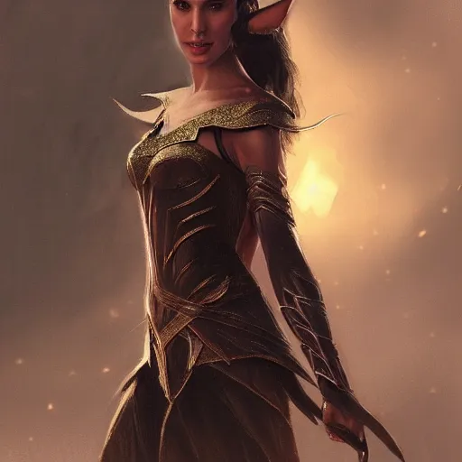 Image similar to An enchanting portrait of Gal Gadot as an elf in evening gown, evening, detailed matte painting, cinematic, Alan Lee, Artstation