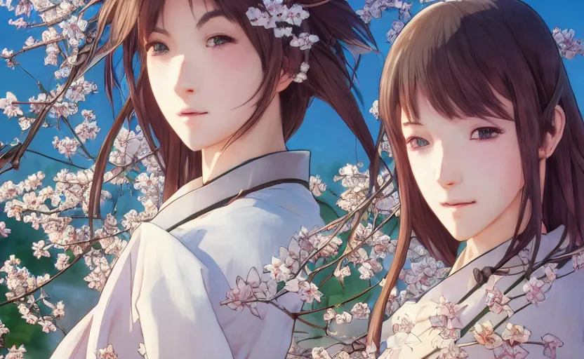 Prompt: front portrait of a girl walking, sakura tree in background, yukata clothing, battlefield in background, anime style, rounded faces, hair down, symmetrical facial features, from arknights, hyper realistic, 4 k, extreme detail, detailed drawing, trending artstation, realistic lighting, by alphonse mucha, greg rutkowski, sharp focus, backlit