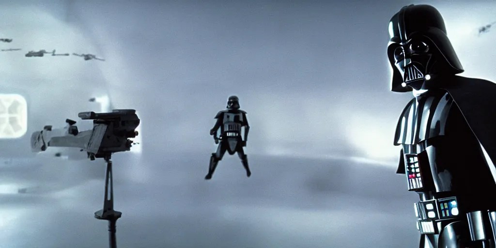 Image similar to a still from a film of a dark figure standing in front of a large window with a live action STAR WARS space battle, 35mm, directed by George Lucas, miniatures, ILM