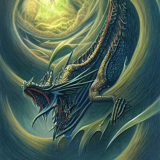 Image similar to an alien dragon demigod descending from the cosmos to consume the earth, by dan seagrave art