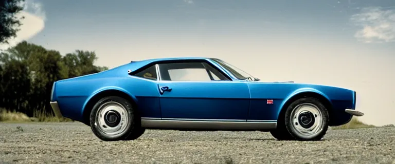 Image similar to denim blue audi camaro b 1 ( 1 9 6 7 ), establishing shot