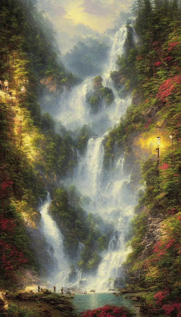 Prompt: a stunning painting of most beautiful waterfall you have ever seen, by thomas kinkade and john aktinson grimshaw, highly detailed, matte painting, moody palette