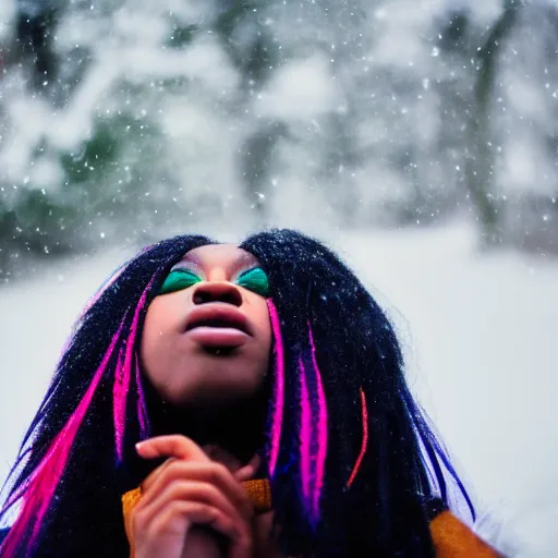 Image similar to black Emo scene girl with long rainbow hair looking up at snow 35mm