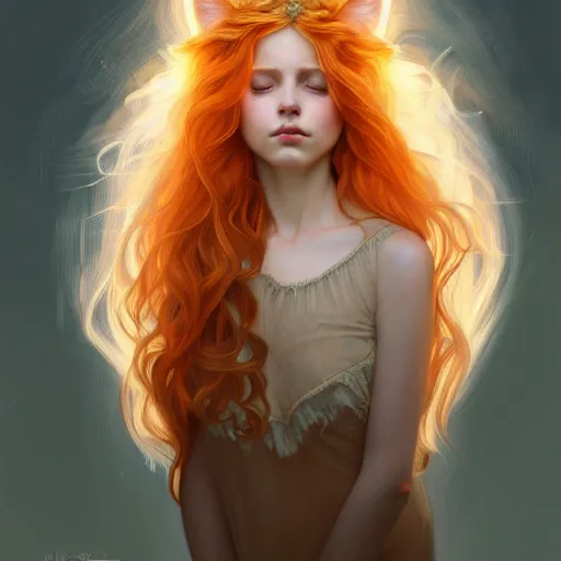 Image similar to Portrait of a girl angel with pale orange colored frizzy strands of illuminated hair, cat ears on her head, glowing halo, Lion's Mane, fantasy, intricate, elegant, highly detailed, digital painting, artstation, concept art, smooth, sharp focus, illustration, art by Krenz Cushart and Artem Demura and alphonse mucha