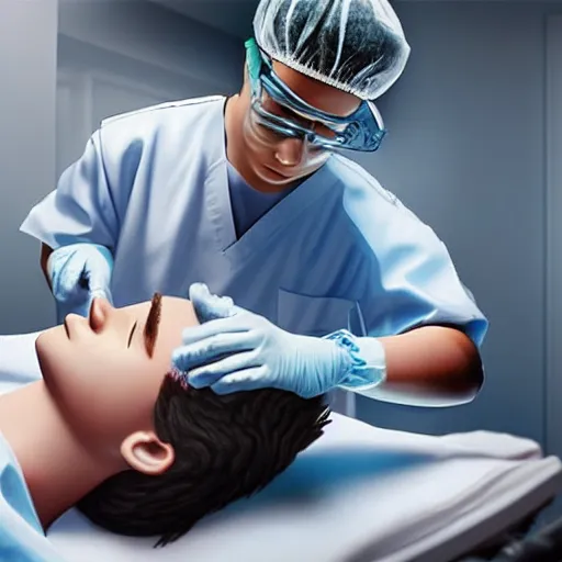 Prompt: a young man going through brain surgery in an operation room hyperrealism perfect detail