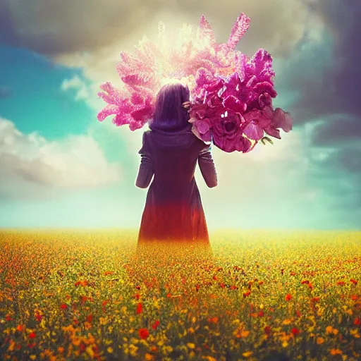 Image similar to girl with a singular flower for a head, surreal photography, dream, standing in flower field, magical, in a valley, sunrise dramatic light, impressionist painting, colorful clouds, artstation, simon stalenhag, flower face