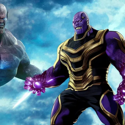 Image similar to darkness from genshin impact as Thanos in avengers infinity war