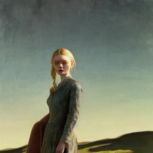 Prompt: Elle Fanning in the painted world of Westworld, head and shoulders masterpiece, apocalypse, golden hour, cosmic horror, artstation, in the style of Andrew Wyeth and Edward Hopper and Bosch, extremely detailed