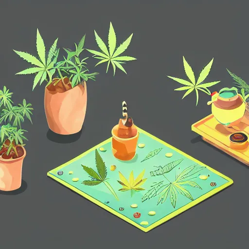 Image similar to isometric cute cartoon illustration bar, decorated with only cute detailed cannabis leaves in two ceramic pots, tables, utopian simple frontage, 2 cute characters, cute poster, beautiful composition pleasing palette by will barnet, watercolor art, hyperrealistic style, inked digital, render fun cartoon