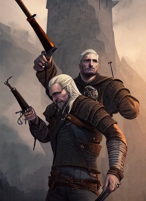 Prompt: portrait of a wizard holding a gun, the witcher has a half shaved head and tattoos, the wizard holding a pistol points downwards, the wizard holding a pistol is only one and stands in a ruined city. by Ciryl Rolando, hyperrealistic illustration, digital art, studio lightning, very detailed faces