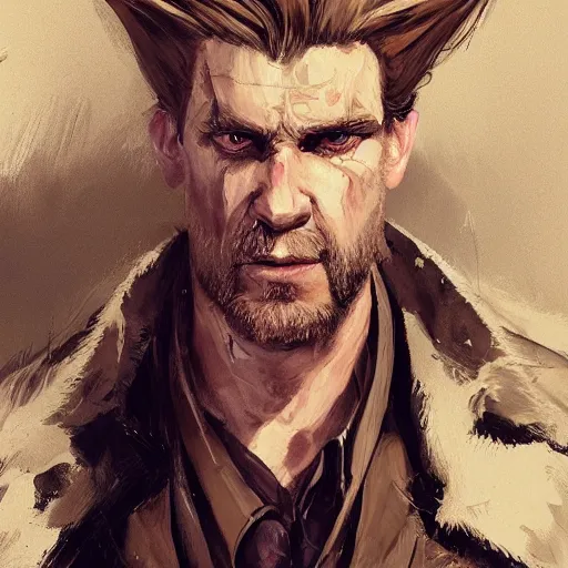 Image similar to portrait of a muscular, grim, ponytail haired blonde man in his late 30's, wearing a thick brown leather coat, looking to his side, scarred face, some beard, hunter, DnD character, fantasy character, digital art by Ruan Jia, Krenz Cushart, Rossdraws and Boris Vallejo