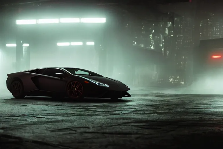 Image similar to A cinematic film still of a Lamborghini in the movie Blade Runner: 2049.