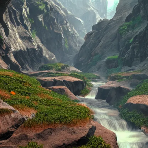 Image similar to A lush valley in the chasm of a great glacier, Unreal Engine, trending on artstation