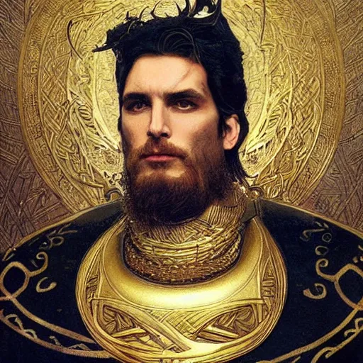Prompt: pale, beautiful clean-shaven black-haired Viking lord wih sharp features, wearing a gilded black scale armor in the shape of art deco feathers and an arrogant heroic expression, by Greg Rutkowski, Brom, and Alphonse Mucha