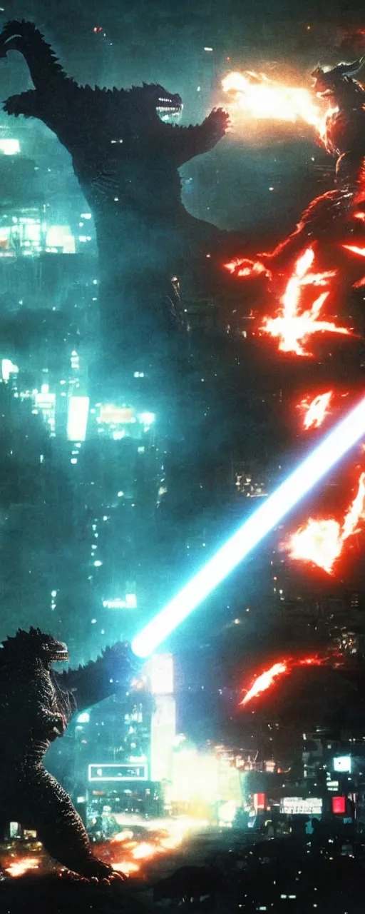 Image similar to Ryu with a lightsaber battling godzilla in neo-tokyo, shot by michael bay, 4k, futuristic, cinematography