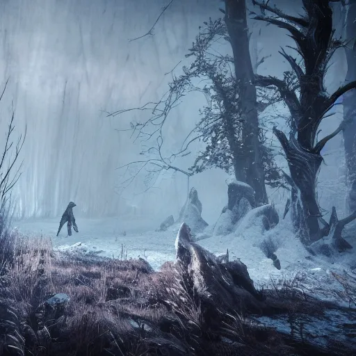 Image similar to the wild hunt, spectres of the night, otherworldly, wraiths, bad omen, fast paced riding, blizzard, storm, enchanted, forest, fog, snow, ice, dreamy, witcher 3, cinematic, breathtaking, vfx, physically based rendering, unreal 5, cgi, concept art, trending in artstation, intricate details, dark fantasy, 8 k