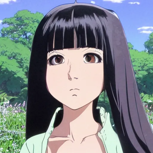 Image similar to Character portrait of a young beautiful woman with long black hair and bangs in a lush park, focus on facial features, large eyes, highly detailed, cel shading, Studio Ghibli still, by Makoto Shinkai and Akihiko Yoshida