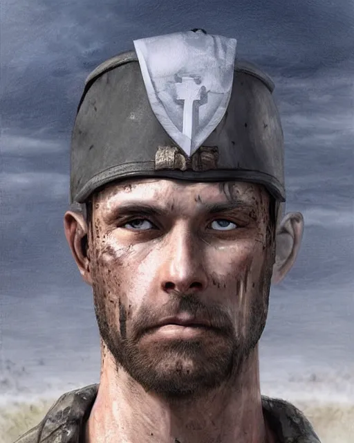 Image similar to portrait of muscular, tired and alcoholic 3 0 - year - old handsome man with short darkblonde hair, serious sad look in his eyes, dirty beard, blue eyes, crying, wearing dirty soldier uniform, on the desert, hyper realistic face, beautiful eyes, character art, art by mark brooks, hyperdetailed, cryengine, trending on artstation, digital art