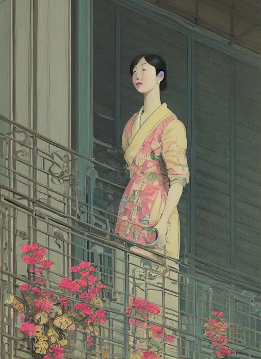 Image similar to Portrait of a Luxurious Korean woman standing on a balcony, female, richly detailed color illustration of a rotocoped-animation-of-flowers-flowing illustrated, detailed face, 19th century, cinematic lighting, digital art painting by simon stalenhag