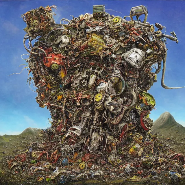 Image similar to a machine made of rubbish with long arms devours other rubbish and creatures in a giant rubbish heap full of strange and terrifying creatures, under a green sky in the distance, bones, corpses, monsters, hell, distorted, creepy, illustration, by dan seagrave, cinematic photographym, cinematic, ue 5, metal album cover art