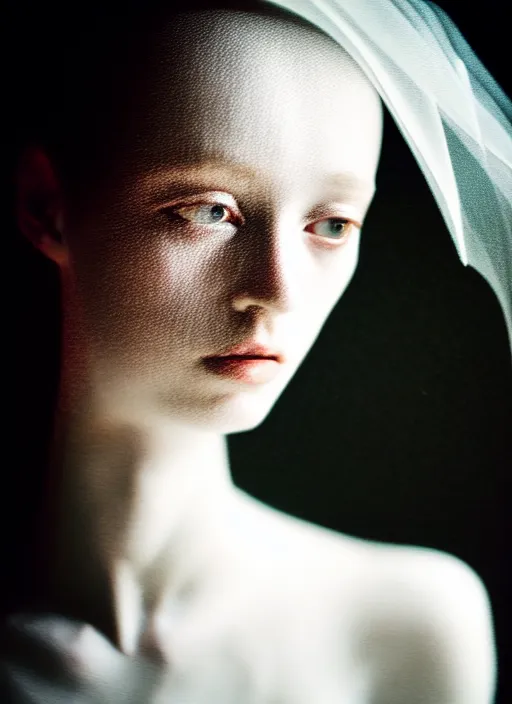 Image similar to kodak portra 4 0 0 photo portrait of a beautiful woman in style of paolo roversi antoine d'agata, lightpainting motion blur, dress in white, elegant, soft coloured gel lighting black background, highly detailed, sharp focus, ethereal, out worldly colours, emotionally evoking, head in focus, soft blur coloured gel light dreamy, volumetric lighting