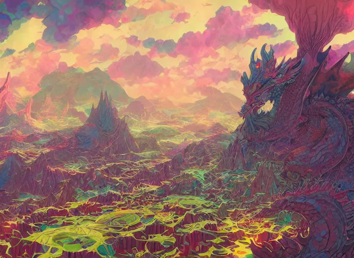 Prompt: psychedelic concept art of a dragon landscape made of thousands of dragons, cel shaded, in the style of makoto shinkai and moebius and peter mohrbacher and anton fadeev