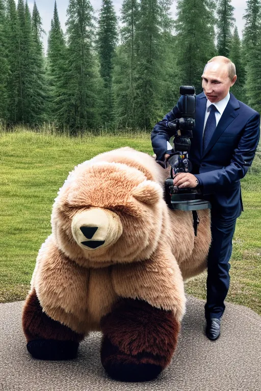 Image similar to a picture of putin ride robotic bear - photorealistic, taken with canon eos 5 d mark iv, versatile, lens interoperability, autofocus, 4 k uhd video capture at 3 0 fps, 8 k time - lapse functions, by karah mew