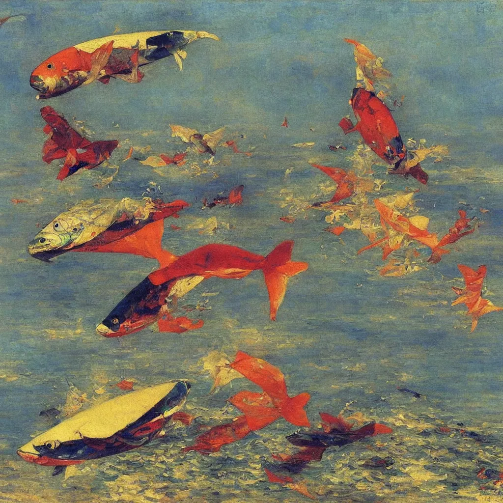 Image similar to enormous colorful zepplins shaped like a fish, from below, 1905, colorful highly detailed oil on canvas, by Ilya Repin
